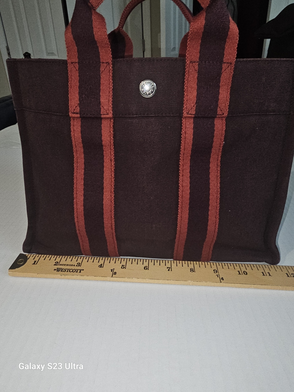 Hermes Fourre Tout PM Canvas Tote Bag Burgundy Red Made in France Cotton - Picture 13 of 15